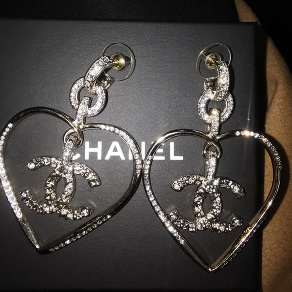 Chanel 21P Gold XXL CC Heart Crystal Drop Earrings AB6006 B05288 NB905 - Picture 1 of 14